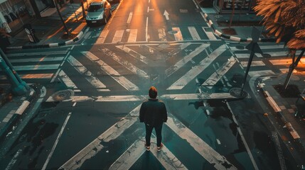 A man standing in the middle of a crosswalk, looking down at the street below. - obrazy, fototapety, plakaty