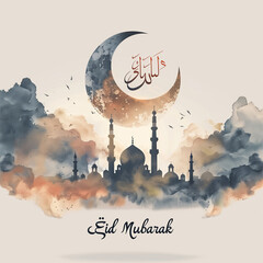 Eid al-Adha greeting card with shining crescent moon, ancient lanterns (fanus) and Arabic calligraphy on mosque background.