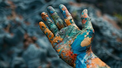 A photo of a colorful hand with blue, green, yellow, and red paint. - obrazy, fototapety, plakaty