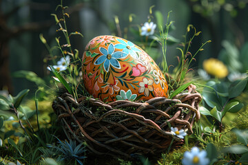 Easter eggs painted in a basket on green grass