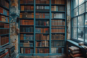 Bookshelves in the library. Large bookcase with many books. Library or store with bookcases. Cozy book background.