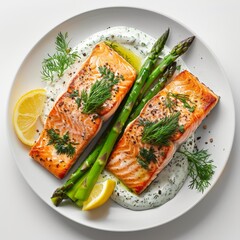 Poached salmon with dill sauce and asparagus