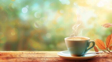 A steaming cup of coffee on a wooden table with a blurred background of autumn leaves.