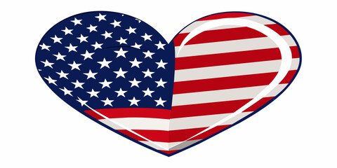 Heart with stars and stripes as American flag, July 4th theme on white background 