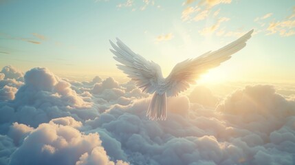 A white dove flies toward the sun in a cloudy sky - obrazy, fototapety, plakaty