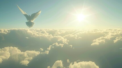 A white dove soars through the clouds toward the sun.