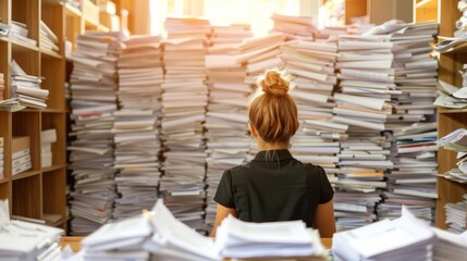 A woman is sitting at a desk in a room full of paperwork.