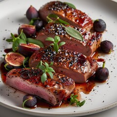 Seared duck breast with fig and port wine reduction - obrazy, fototapety, plakaty