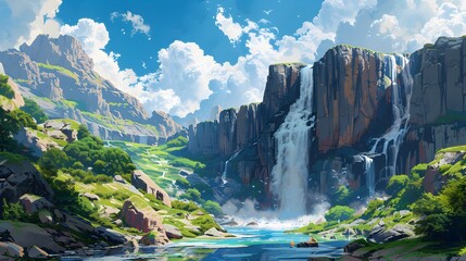 Serene depiction of a waterfall cascading from a towering cliff in Japanese anime style, set against a backdrop of fluffy clouds and clear blue skies