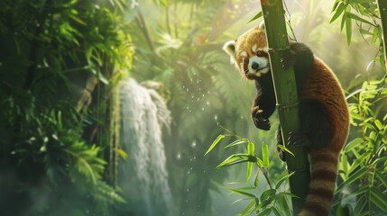 Red Panda Amidst Bamboo Trees in Misty Forest | Wildlife Photography - Powered by Adobe