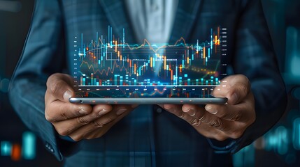 analyzing a graph of future market trends. futuristic city skyline with holographic projections of financial data and trade patterns, showcasing the integration of technology in finance.