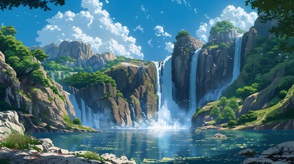 Captivating illustration of a majestic waterfall descending from a towering cliff in Japanese anime concept, amidst drifting clouds and clear blue skies