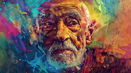 a striking popup poster showcasing the character of an elderly man through vibrant digital art. Captivate with colorful tones and intricate details