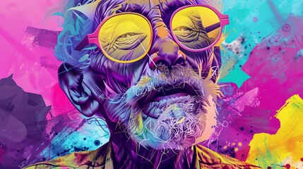 a striking popup poster showcasing the character of an elderly man through vibrant digital art. Captivate with colorful tones and intricate details