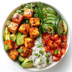 Vibrant vegetarian poke bowl with tofu and avocado