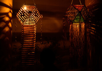 Traditional Atapattama Vesak lantern, Ocatagen shaped lantern symbolises eightfold path, Sri lankan...