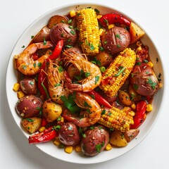 Spicy Cajun seafood boil with corn and potatoes
