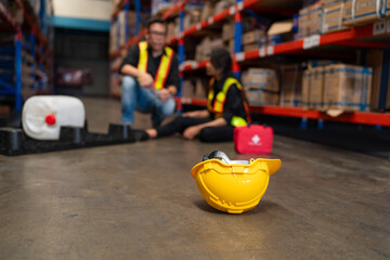 Mature foreman in workwear giving first aid to asian women staff suffering after working injury in warehouse, Injury at work.