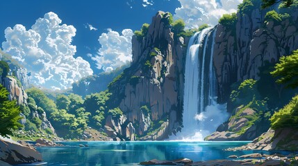 Enchanting scene of a majestic waterfall plunging from a steep cliff in Japanese anime artistry, framed by fluffy clouds and azure skies