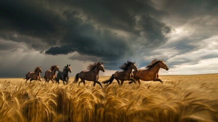 Powerful Wild Horses Galloping in Golden Wheat Field during Storm