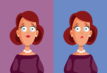 Happy and Sad Expressions of a Vector Female Character. Lady of middle age changing her mood due to different situations 
