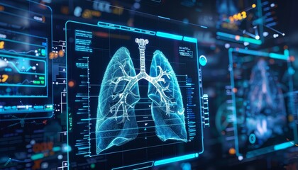 Lung testing results on digital interface on laboratory or surgical background, innovative technology in science and medicine concept. medical technology