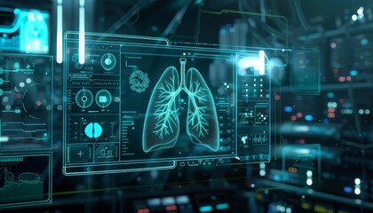 Lung testing results on digital interface on laboratory or surgical background, innovative technology in science and medicine concept. medical technology - obrazy, fototapety, plakaty
