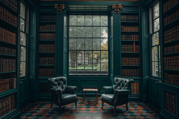Classic minimalist library in London townhouse with floor-to-ceiling bookshelves, deep green tones, and rainy afternoon light.