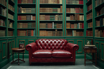 Obraz na płótnie Canvas Classic minimalist library in London townhouse with floor-to-ceiling bookshelves, deep green tones, and rainy afternoon light.