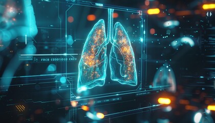 Lung testing results on digital interface on laboratory or surgical background, innovative technology in science and medicine concept. medical technology - obrazy, fototapety, plakaty