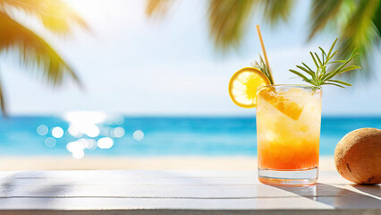 Cocktail on a tropical beach with palm trees and sea. - obrazy, fototapety, plakaty