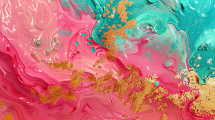 Abstract representation of a coral reef in fluid art, with a vibrant mix of coral pink, turquoise, and gold for a lively, underwater scene.