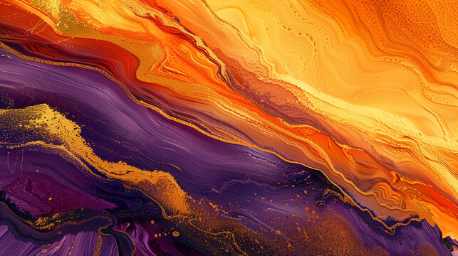 Abstract fluid art of a desert at sunset, with rich oranges, purples, and gold capturing the serene beauty. Ideal for atmospheric posters.