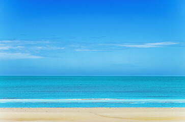 Nature landscape view of beautiful tropical beach and sea in sunny day. Beach sea space area. copyspace.