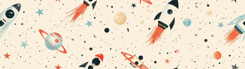 Seamless splicing of background materials: illustrations of cosmic planets and aerospace themes - obrazy, fototapety, plakaty