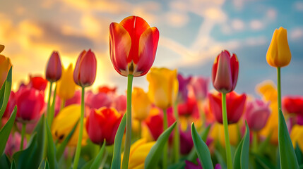 Blooming Kaleidoscope: An Awe-Inspiring Display of Vibrant Tulips under the Serene Sky