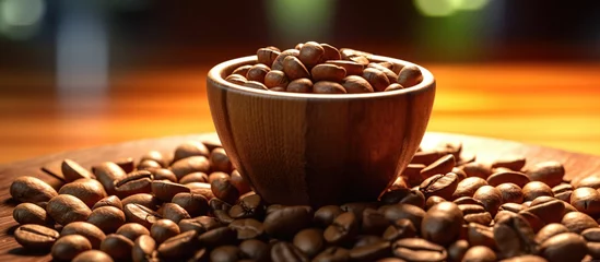 Zelfklevend Fotobehang Cup coffee beans wooden © WaniArt