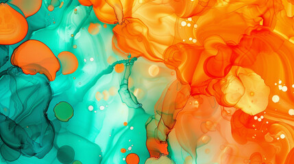 An alcohol ink background with an explosion of bright orange and vibrant teal, mimicking the lively spirit of a summer carnival. 