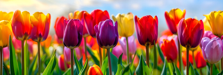 Blooming Kaleidoscope: An Awe-Inspiring Display of Vibrant Tulips under the Serene Sky