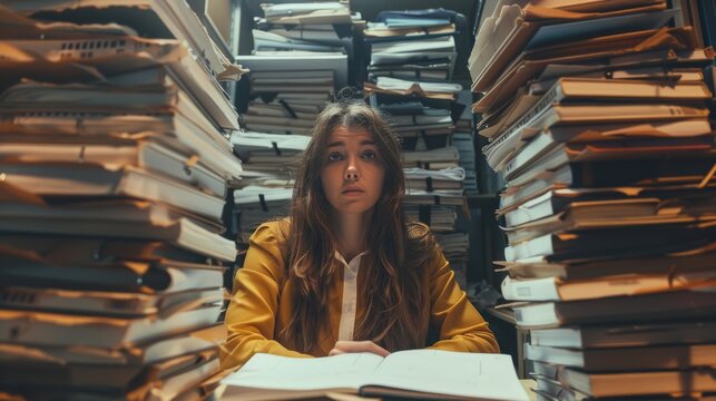 A young woman sits at a desk in a room full of filing cabinets. She looks stressed and overwhelmed.