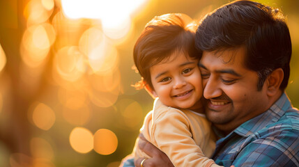 Indian father joyfully holds his child close and smiles at him with love and affection.