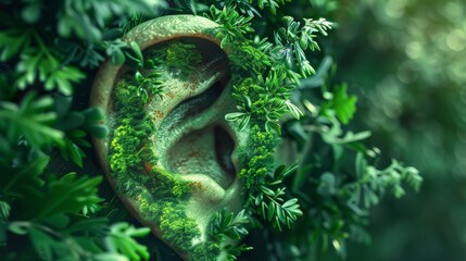Sustainable nature conservation in agreement with nature concept with human ear  listening to the sounds of nature,Cherish and be aware of nature. Save the nature, save the earth. 