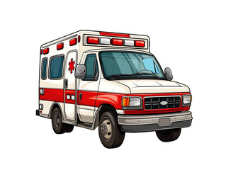 Detailed vector illustration of a white ambulance with red and orange stripes and emergency lights. Generative AI