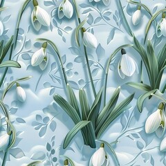 Seamless 3D snowdrops, heralding the first sign of spring in a wintry landscape. Seamless Pattern, Fabric Pattern, Tumbler Wrap, Mug Wrap.