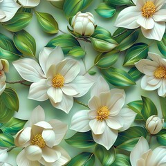 Bright 3D magnolias in full bloom, set against a backdrop of soft green leaves.Seamless Pattern, Fabric Pattern, Tumbler Wrap, Mug Wrap.