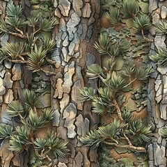 Obraz premium Seamless pattern of 3D pine trees with detailed bark and lush needles. Seamless Pattern, Fabric Pattern, Tumbler Wrap, Mug Wrap.