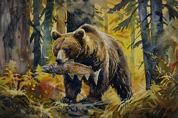 A majestic brown bear standing amidst a forest of deep greens and vibrant yellows in watercolors, holding a salmon in its mouth, representing protection and natures bounty