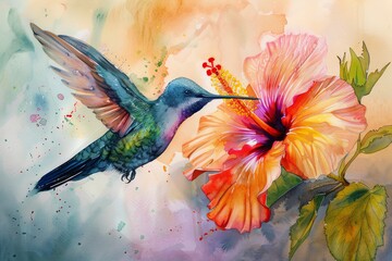 A colorful hummingbird hovering in front of a vibrant hibiscus flower in watercolors, sipping nectar with its long beak, symbolizing freedom and the fleeting beauty of life