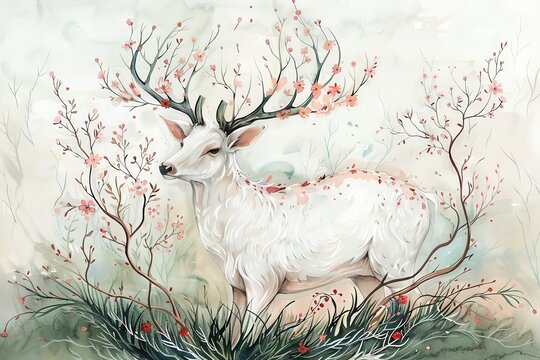 A graceful white deer with antlers adorned with delicate pink flowers in watercolors, standing peacefully in a field of swaying green grass, representing rebirth and spiritual connection