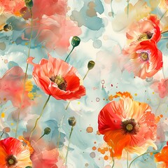 Watercolor 3D poppies, blending seamlessly with splashes of color. Seamless Pattern, Fabric Pattern, Tumbler Wrap, Mug Wrap.